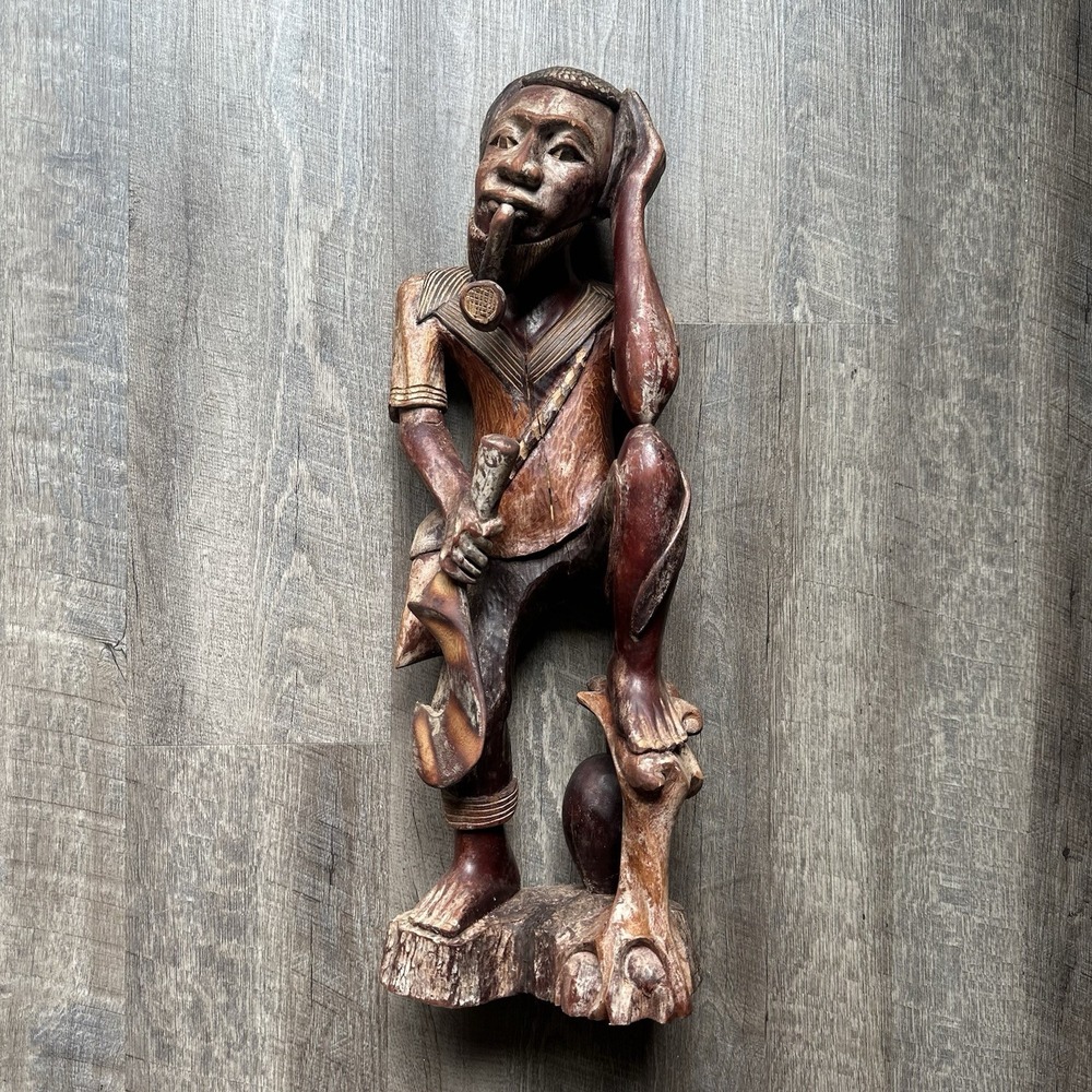 Vintage Carved Wood Figure 23" Caribbean Folk Art Man Smoking Pipe Haiti Statue